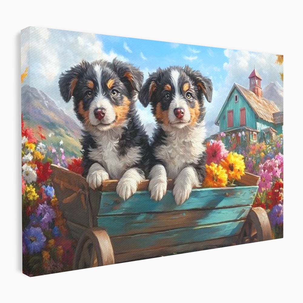 Tablou canvas cu doi catei australian shepherd in caruta cu flori, fara rama, pe sasiu de lemn